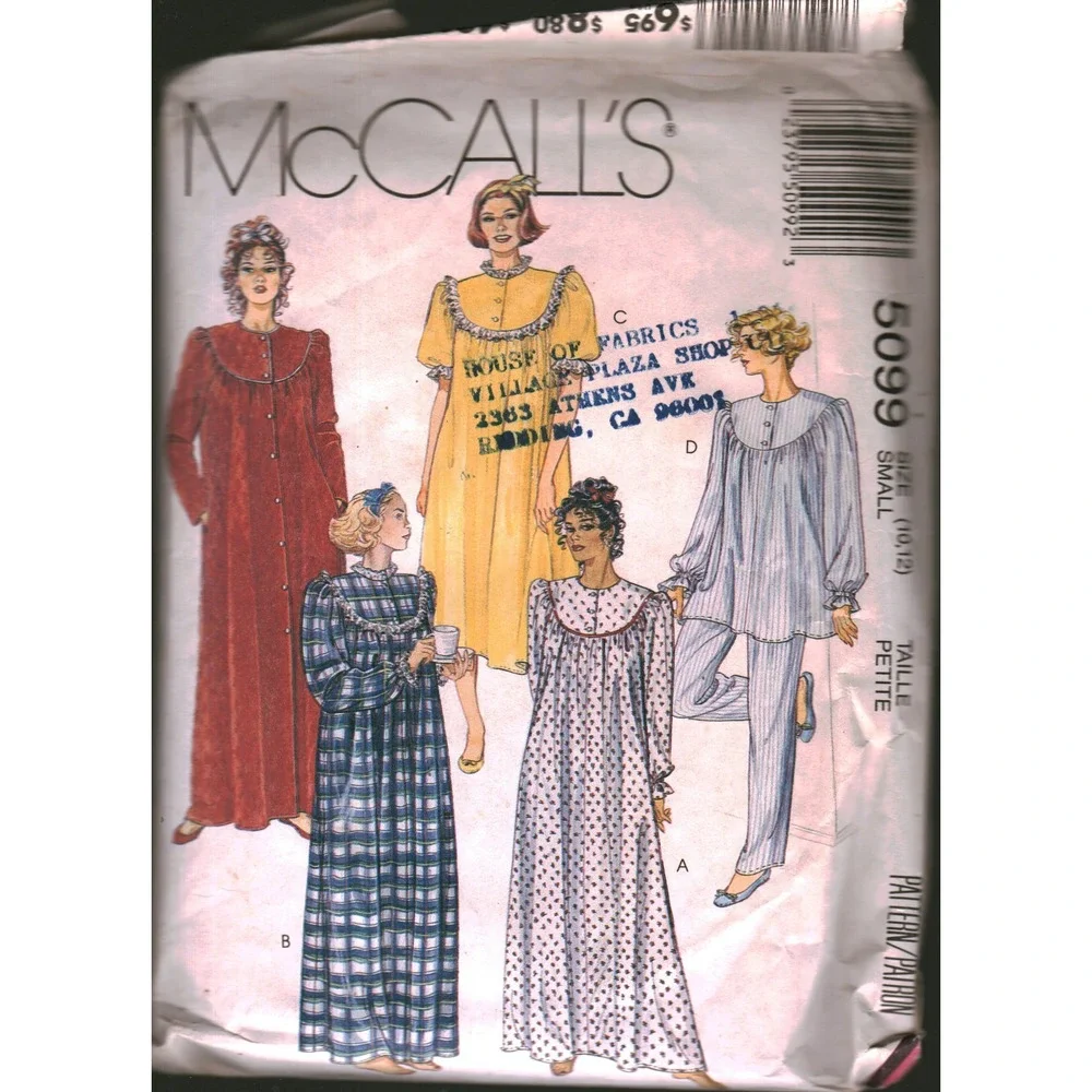 Vintage 1990 McCalls 5099 Sewing Pattern Misses Robe Nightgown Pajamas Size S‎